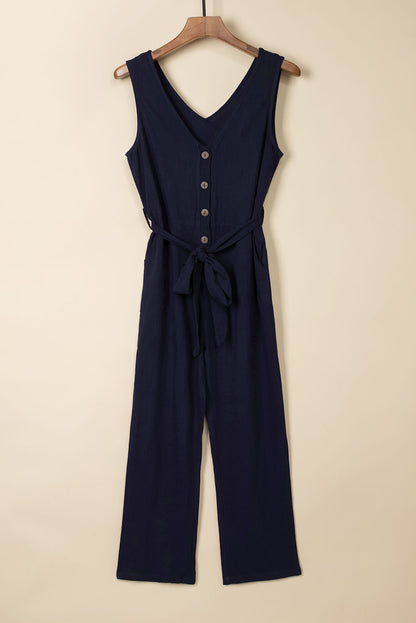 Black V Neck Button Belted Jumpsuit with Pockets - LA Grand