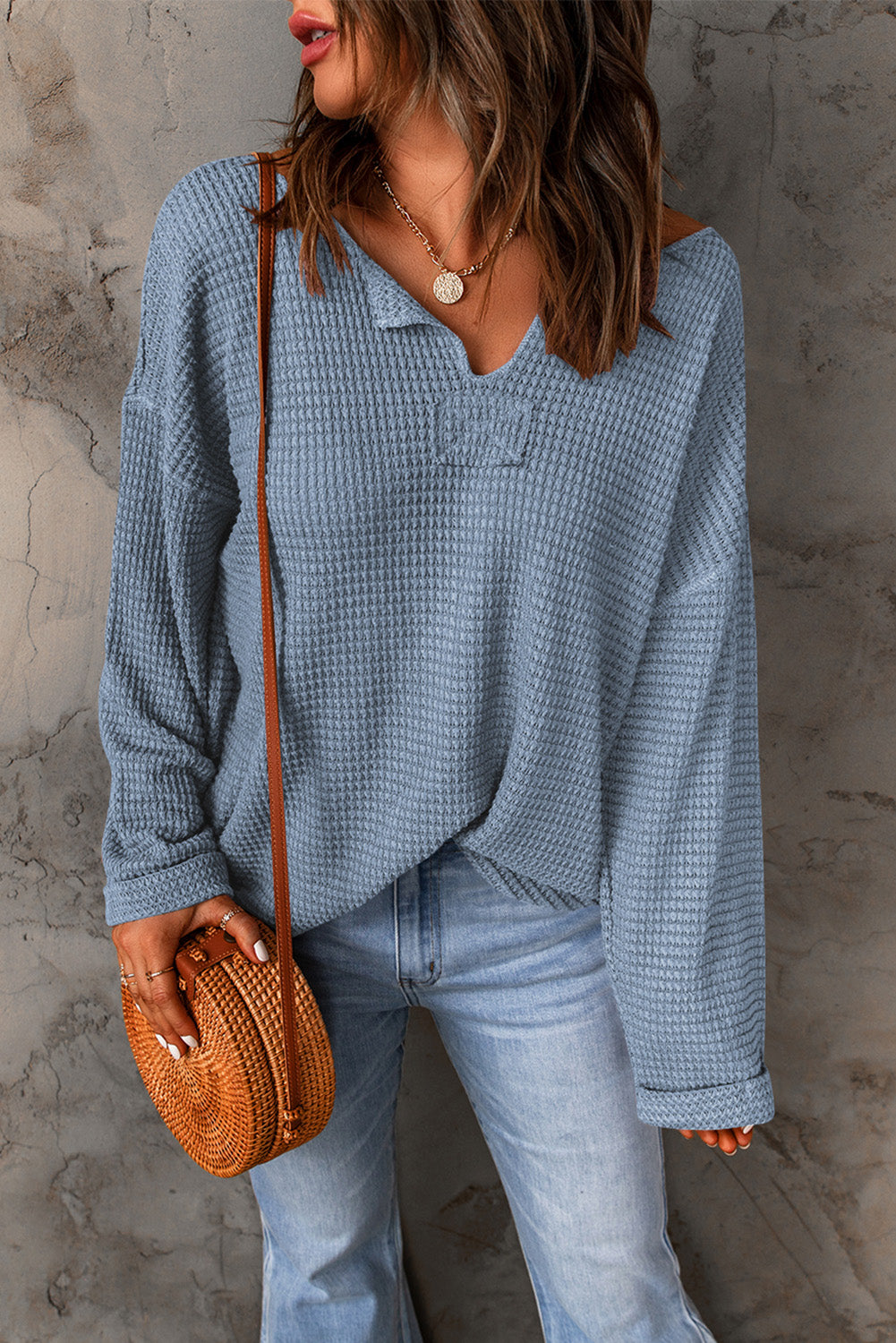 Dusk Blue Waffle Knit Loose Long Sleeve Top - LA Grand