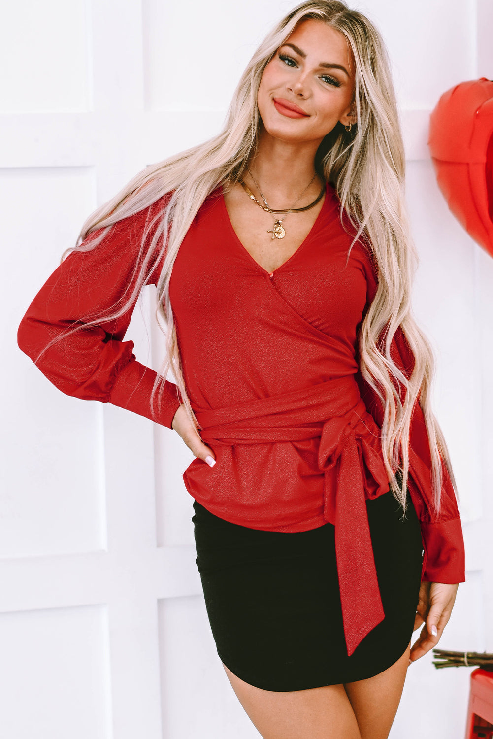 Fiery Red Glitter Wrap V Neck Tie Hem Puff Sleeve Blouse - LA Grand