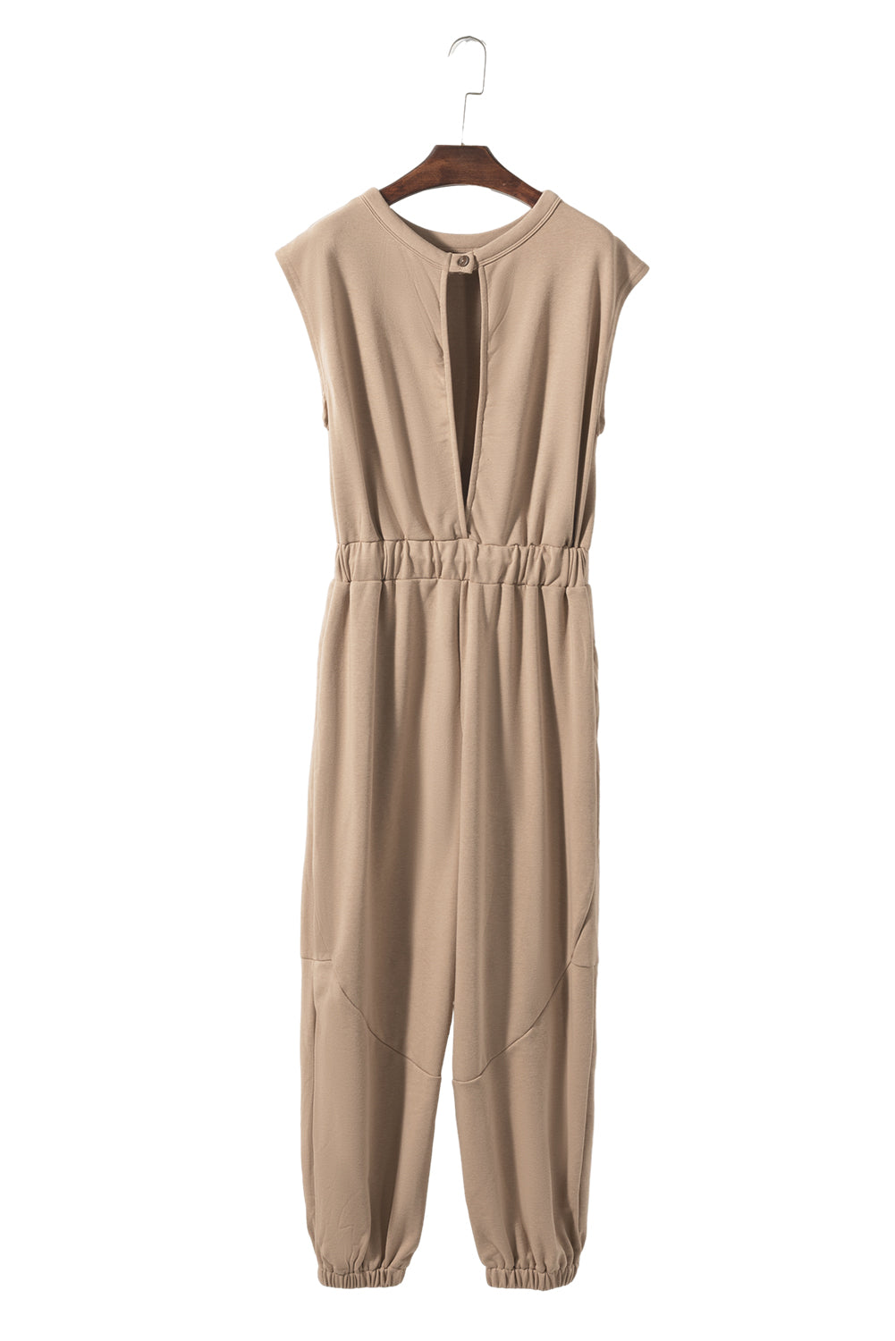 Light French Beige Cap Sleeve Open Back Drawstring Jogger Jumpsuit - LA Grand