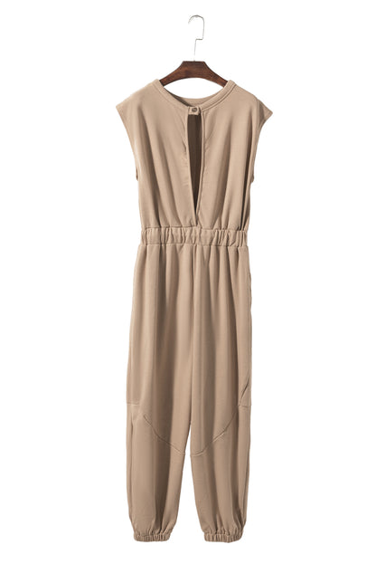 Light French Beige Cap Sleeve Open Back Drawstring Jogger Jumpsuit - LA Grand