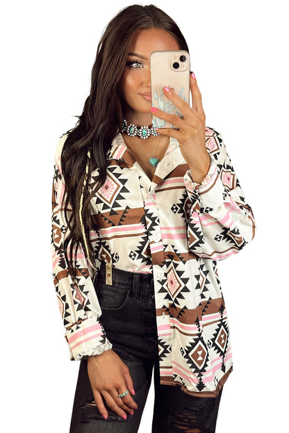 White Aztec Print Loose Fit Buttoned Long Sleeve Shirt - LA Grand