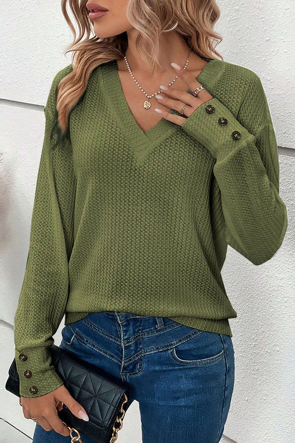 Jungle Green Textured Knit V Neck Button Cuffs Long Sleeve Top - LA Grand