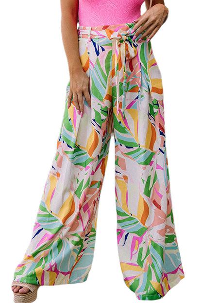 Multicolor Tropical Leafy Print Belted Wide Leg Pants - LA Grand