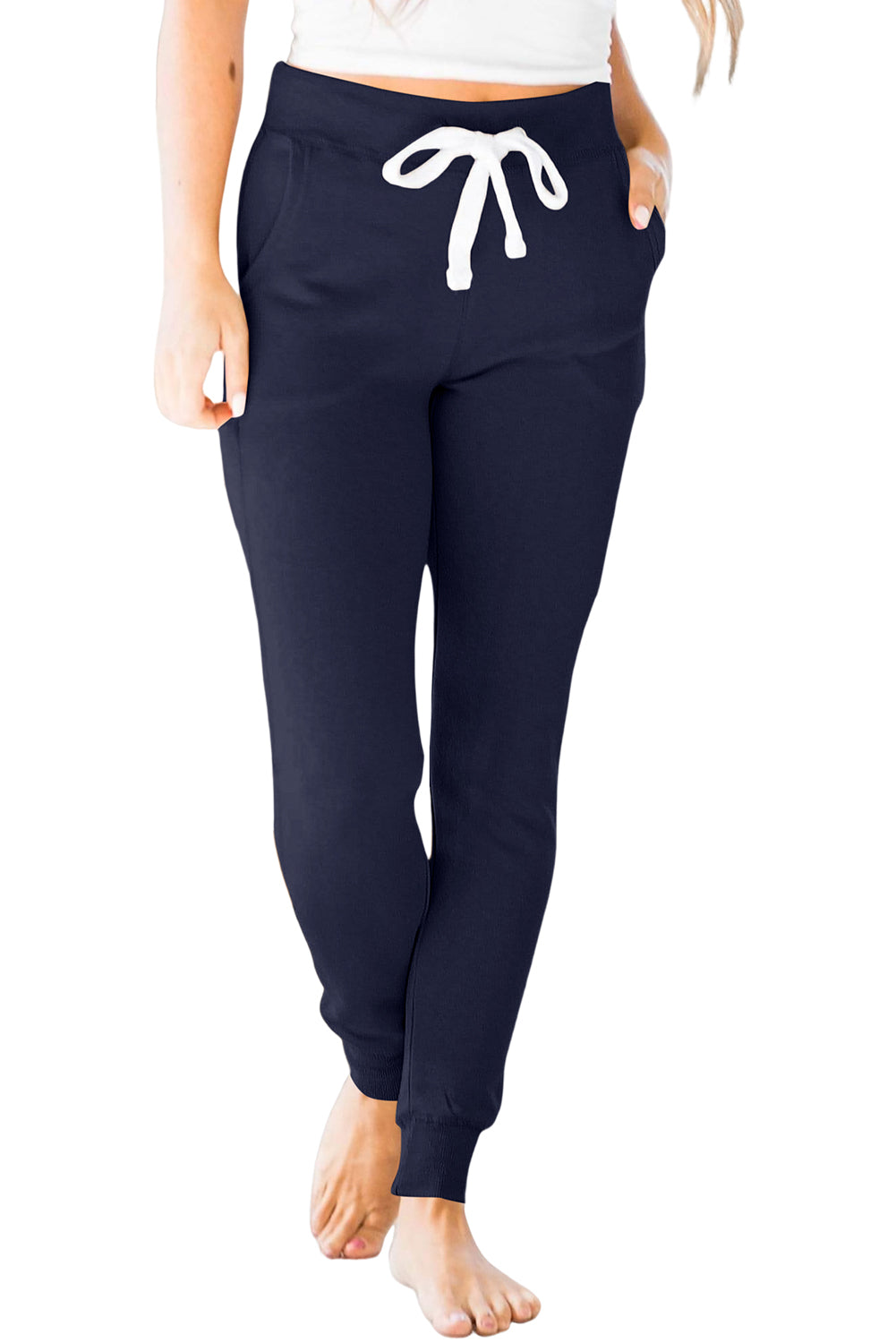 Navy Blue Drawstring Waist Pocketed Joggers - LA Grand