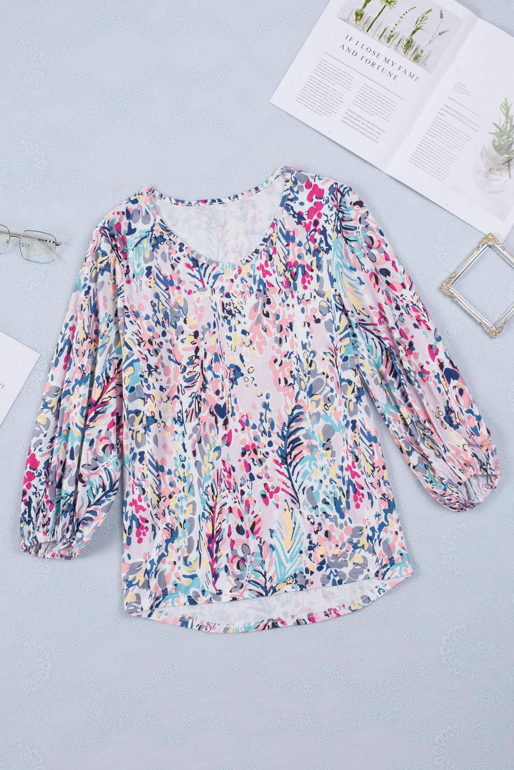 Blue Floral Print Puffy Sleeve Loose Blouse - LA Grand