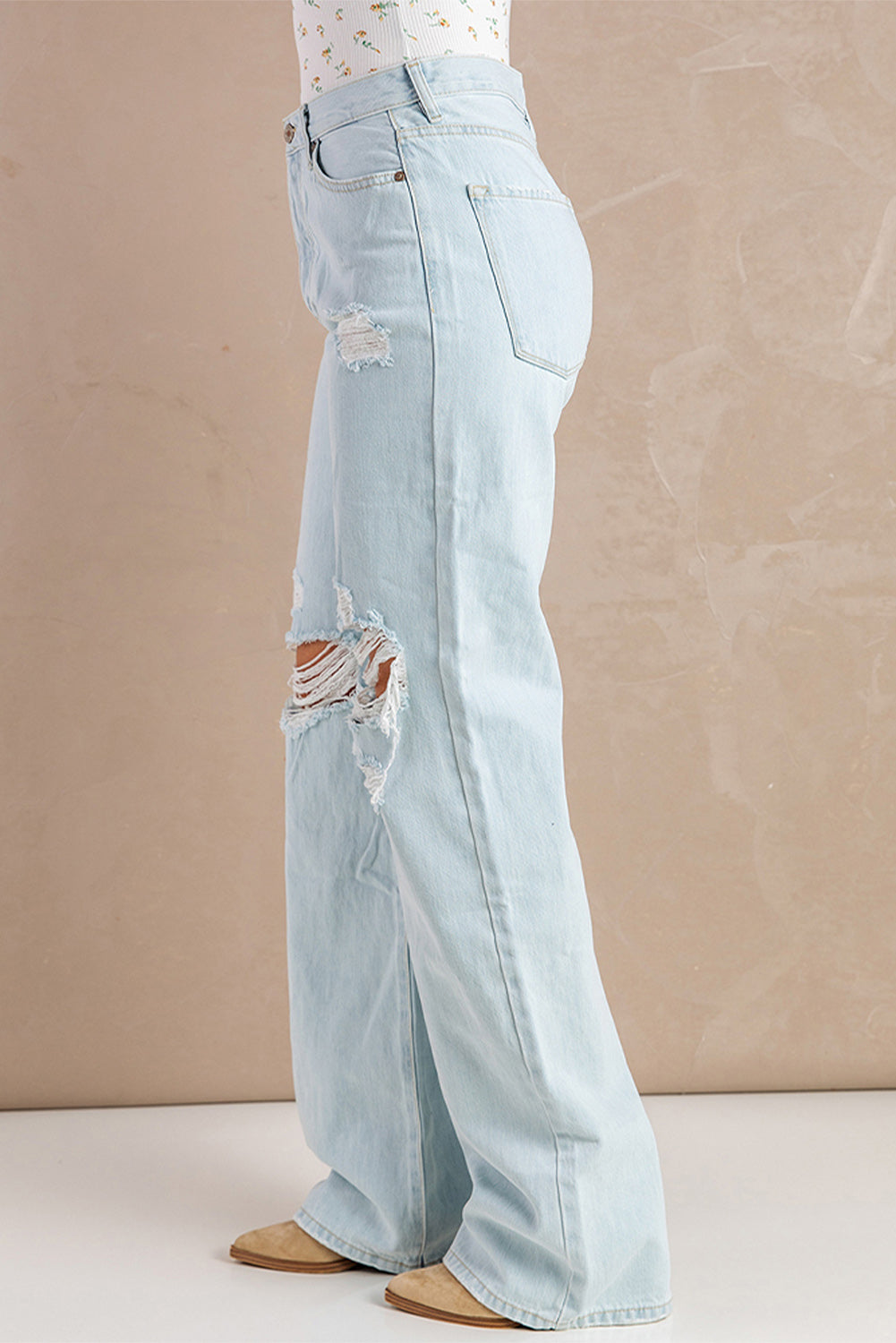 Sky Blue Washed Ripped Knee Wide Legs Jeans - LA Grand