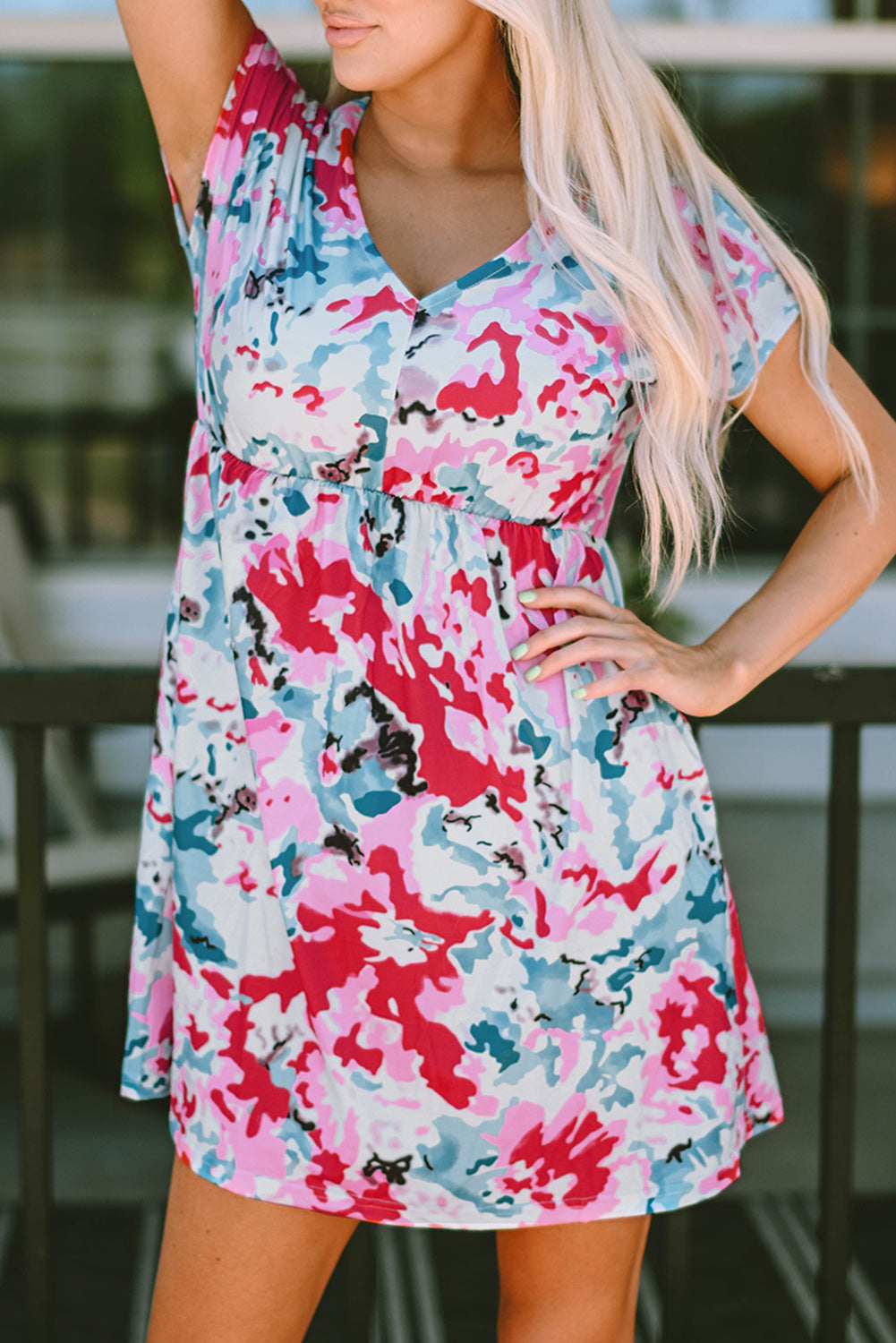 Fiery Red V Neck Short Sleeve Floral Dress - LA Grand