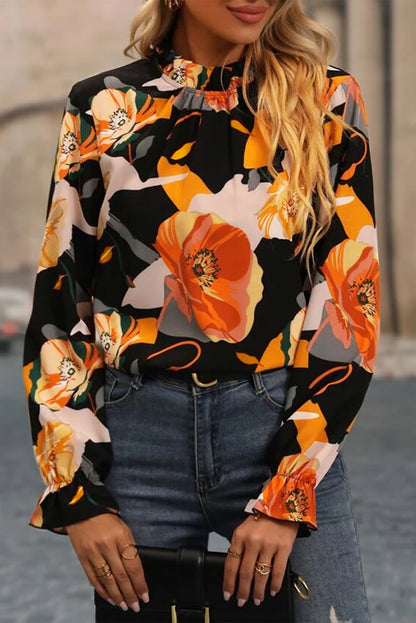 Black Floral Print Mock Neck Blouse - LA Grand