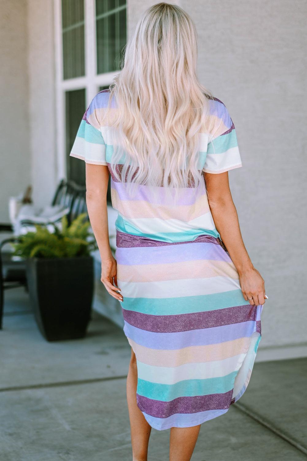 Striped Color Block V Neck T Shirt Midi Dress - LA Grand