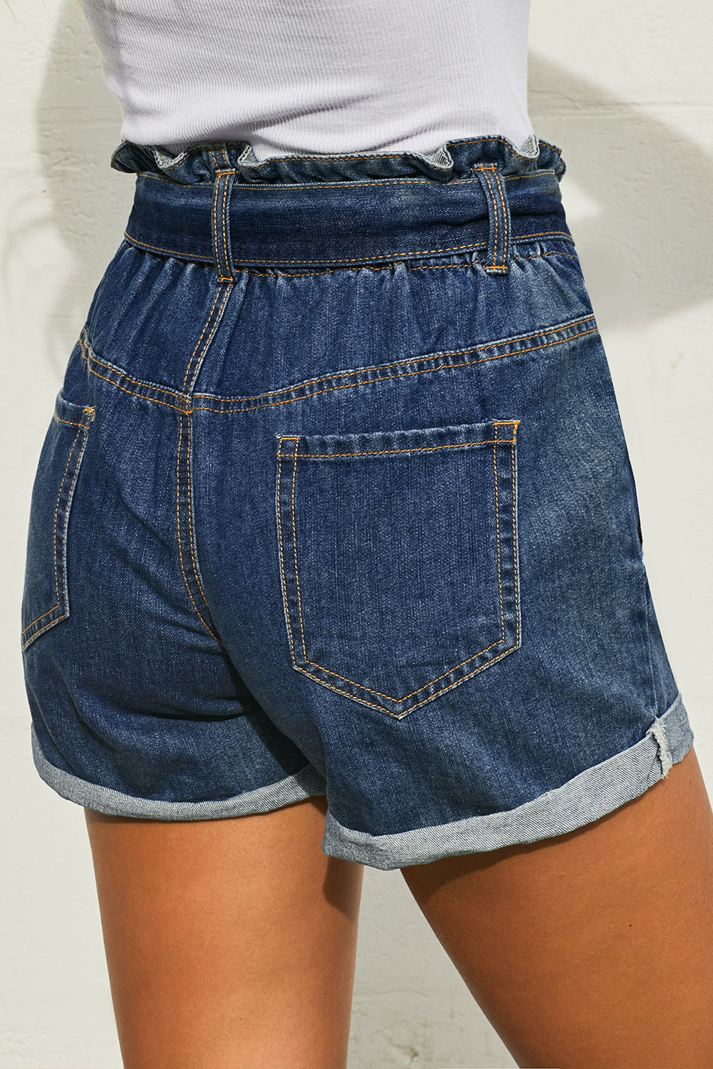 Light Blue Paper Bag Waist Denim Shorts - LA Grand