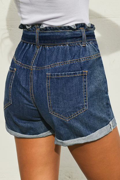 Light Blue Paper Bag Waist Denim Shorts - LA Grand