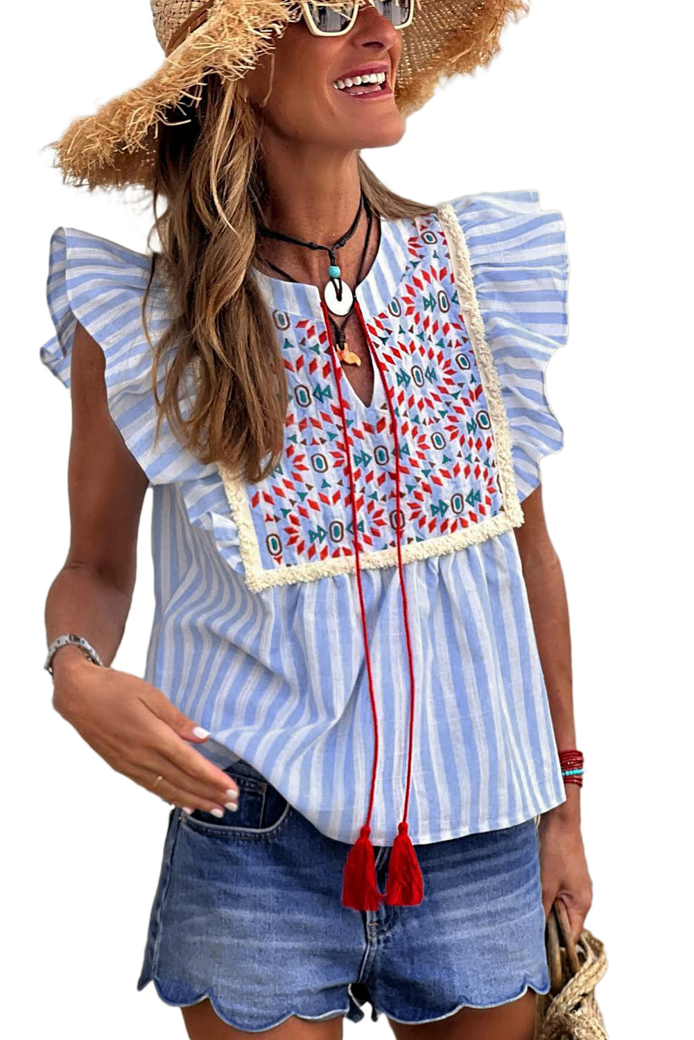 Sky Blue Stripe Geo Pattern Embroidered Tassel Flutter Blouse - LA Grand