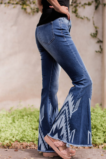 Blue Western Pattern High Rise Flare Jeans - LA Grand