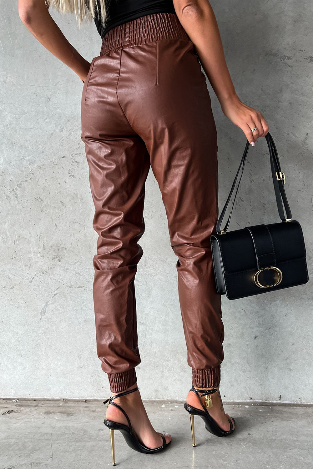 Brown Smocked High-Waist Leather Skinny Pants - LA Grand