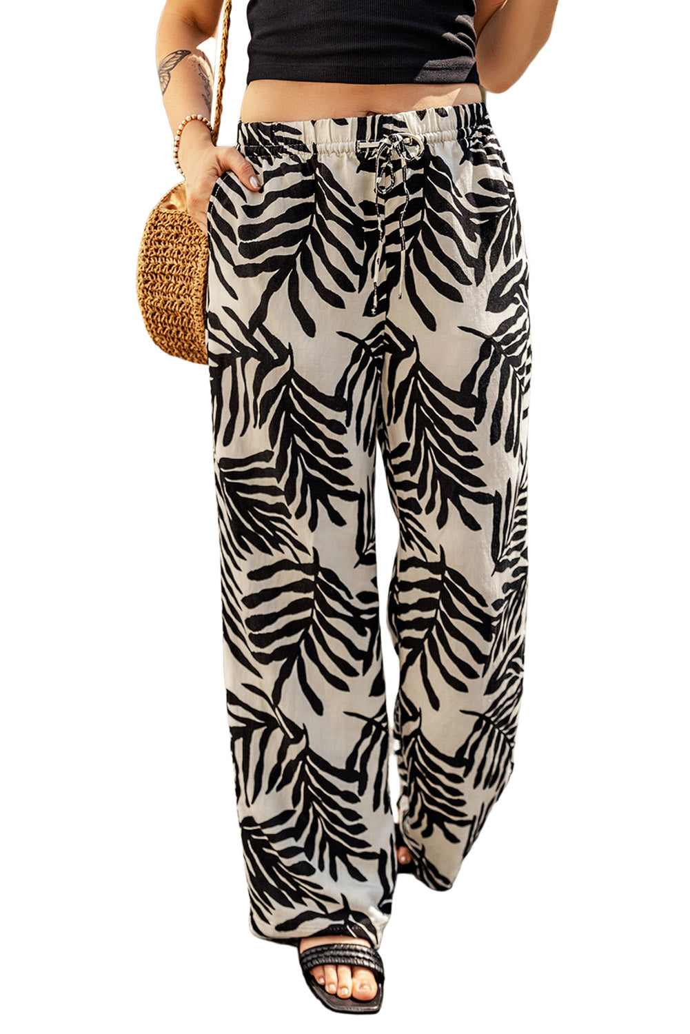 Apricot Tropical Leafy Print Drawstring Wide Leg Pants - LA Grand