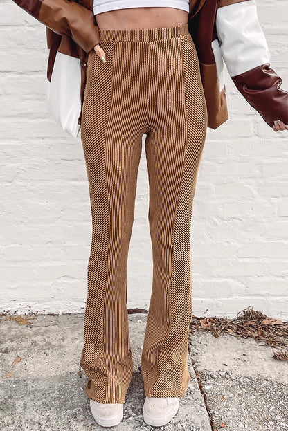 Brown Ribbed Knit High Rise Flare Leggings - LA Grand