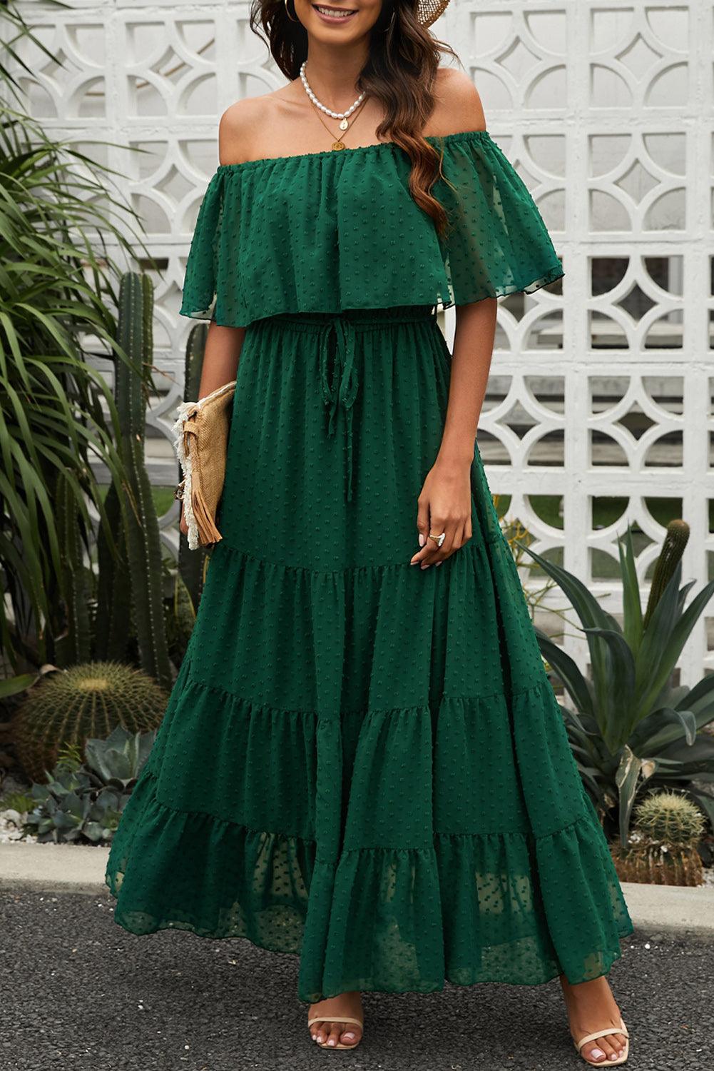 Verde Sunshine Off-Shoulder Swiss Dot Maxi Dress - LA Grand