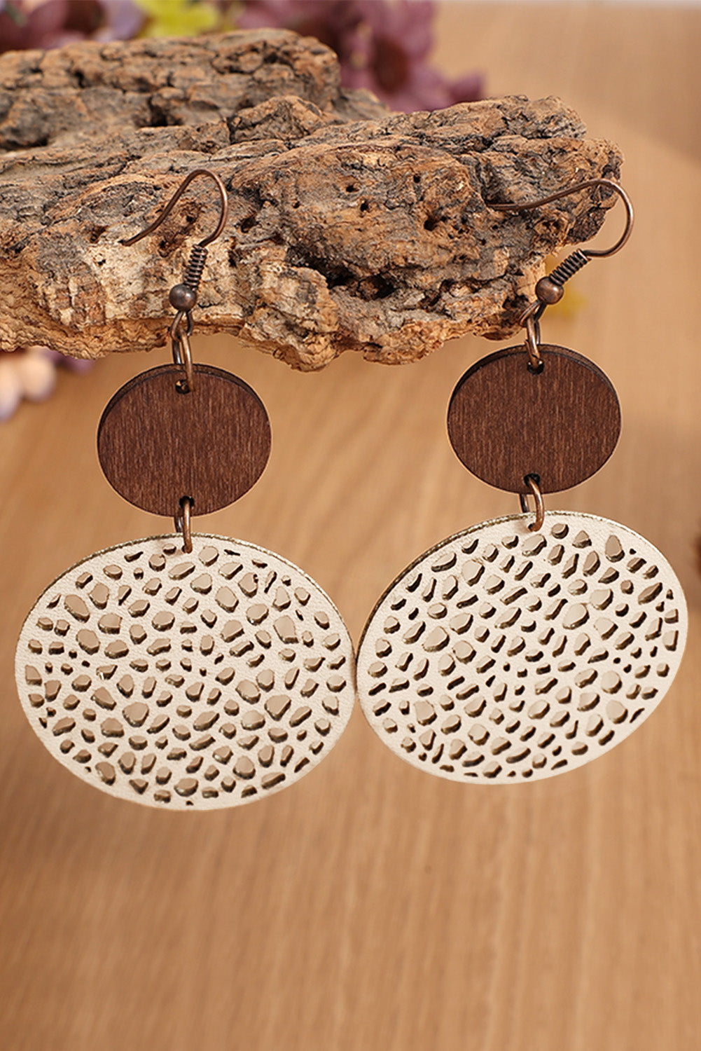 Beige Hollow Out Wooden Round Drop Earrings - LA Grand