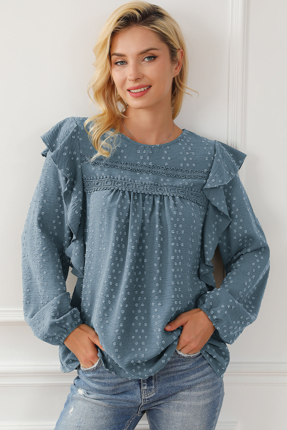 Sky Blue Lace Eyelet Ruffle Shoulder Long Sleeve Blouse - LA Grand