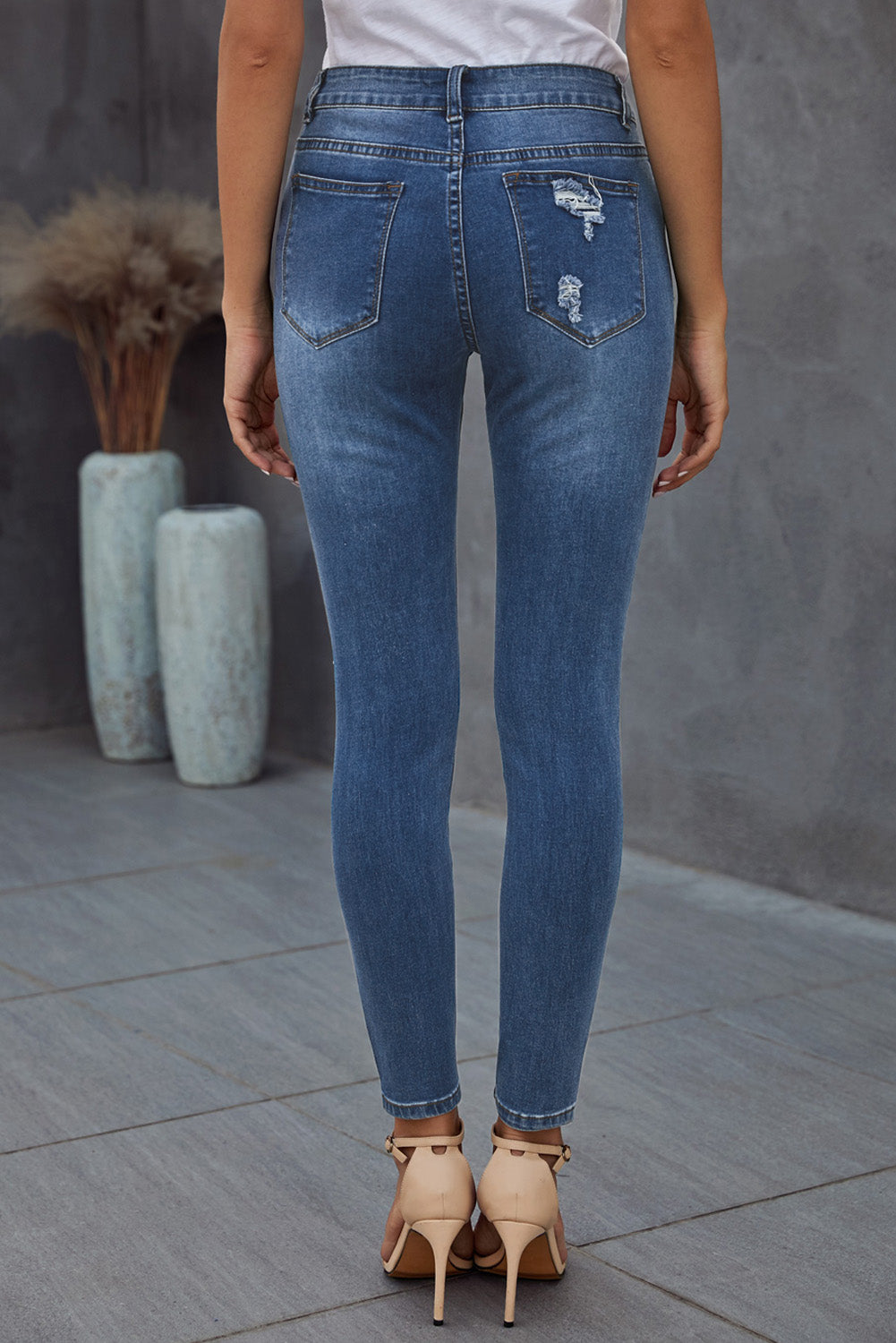 Blue Hollow Out Vintage Skinny Ripped Jeans - LA Grand