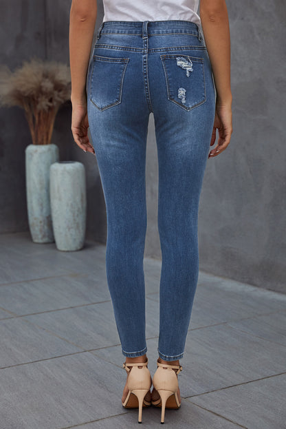 Blue Hollow Out Vintage Skinny Ripped Jeans - LA Grand