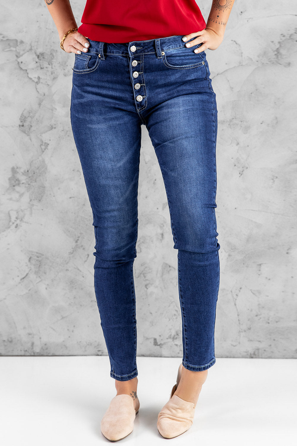 Blue High Rise Skinny Button Fly Jeans - LA Grand