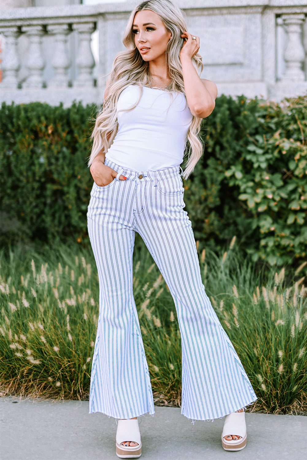 White High Waist Striped Print Flared Pants - LA Grand