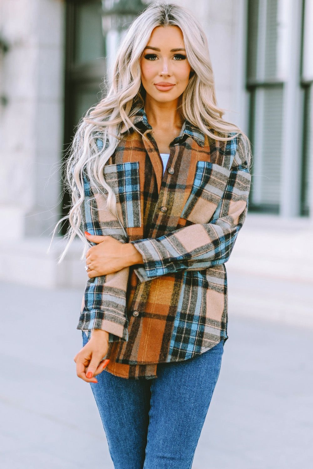 Brown Plaid Color Block Buttoned Shirt with Pockets - LA Grand