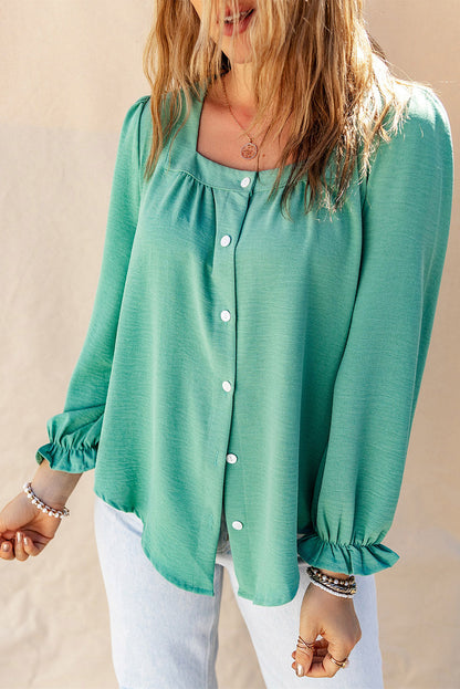 Green Flounce Sleeve Square Neck Button-Up Shirt - LA Grand