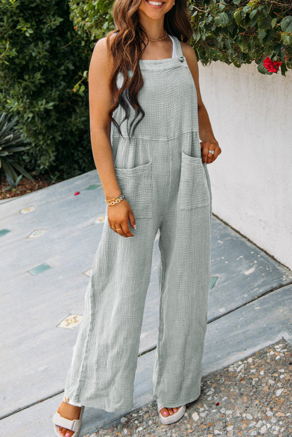 Gray Textured Wide Leg Overall with Pockets - LA Grand