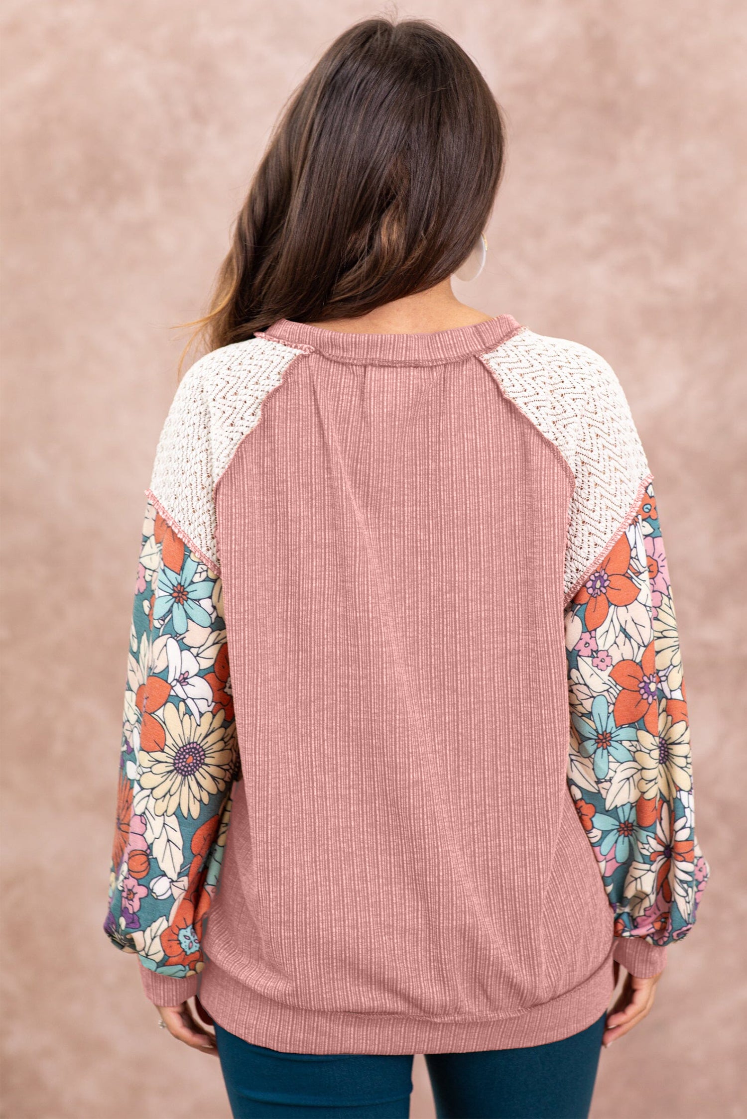 Rose Pink Floral Patchwork Puff Sleeve Textured Blouse - LA Grand