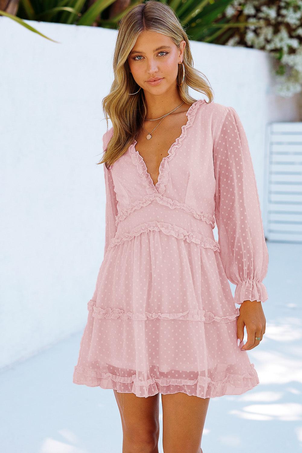 Pink Layered Ruffled Open Back Puff Sleeve Swiss Dot Mini Dress - LA Grand