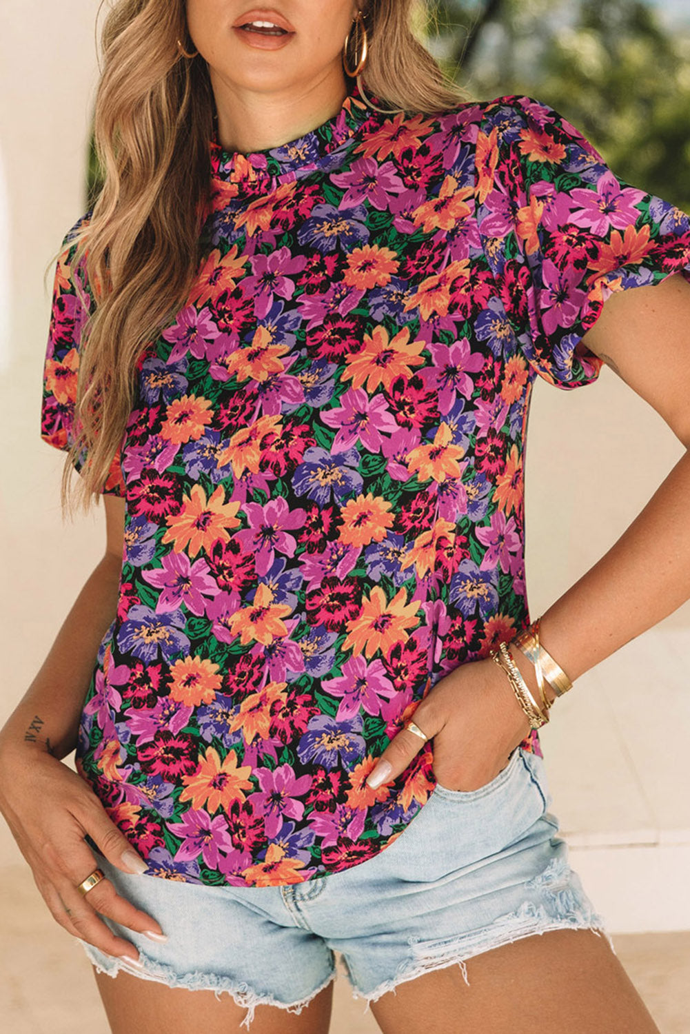 Multicolor Floral Print Round Neck Puff Sleeve Blouse - LA Grand