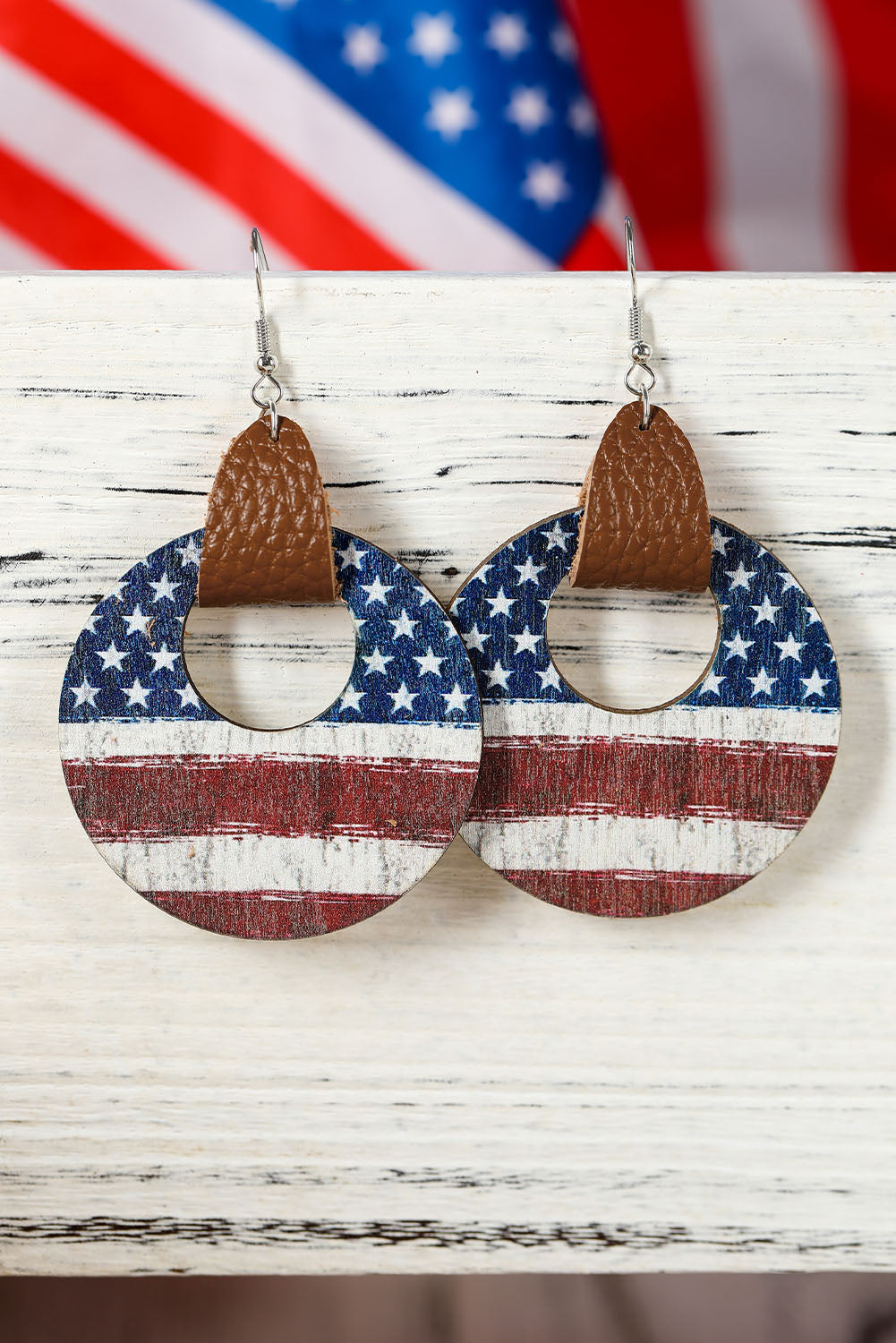 Multicolor American Flag Round Wood Pendant Earrings - LA Grand