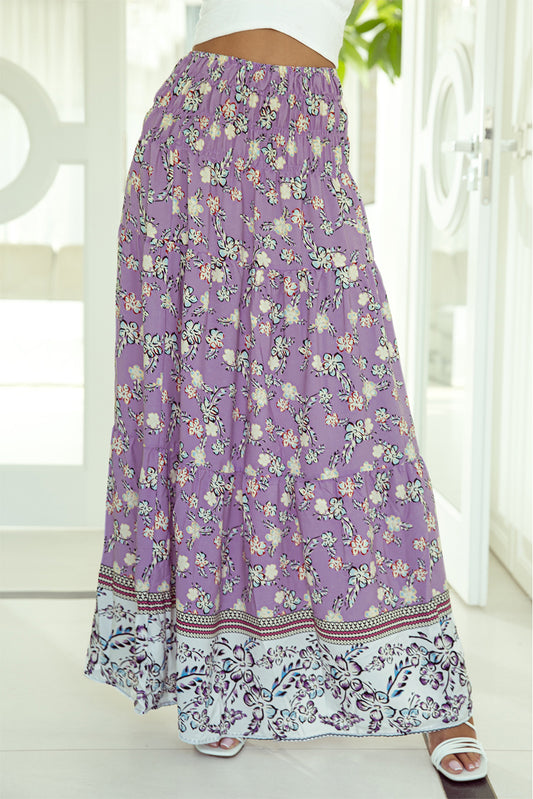 Purple Floral Print Shirred High Waist Maxi Skirt - LA Grand