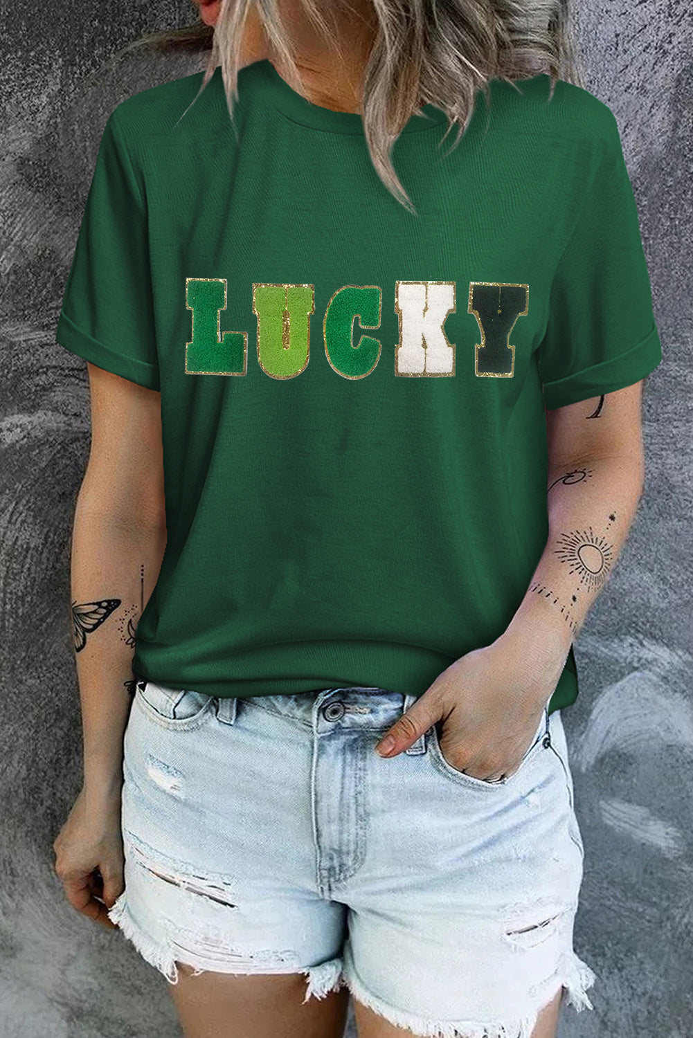 Green LUCKY Glitter Chenille Patched Crew Neck T Shirt - LA Grand