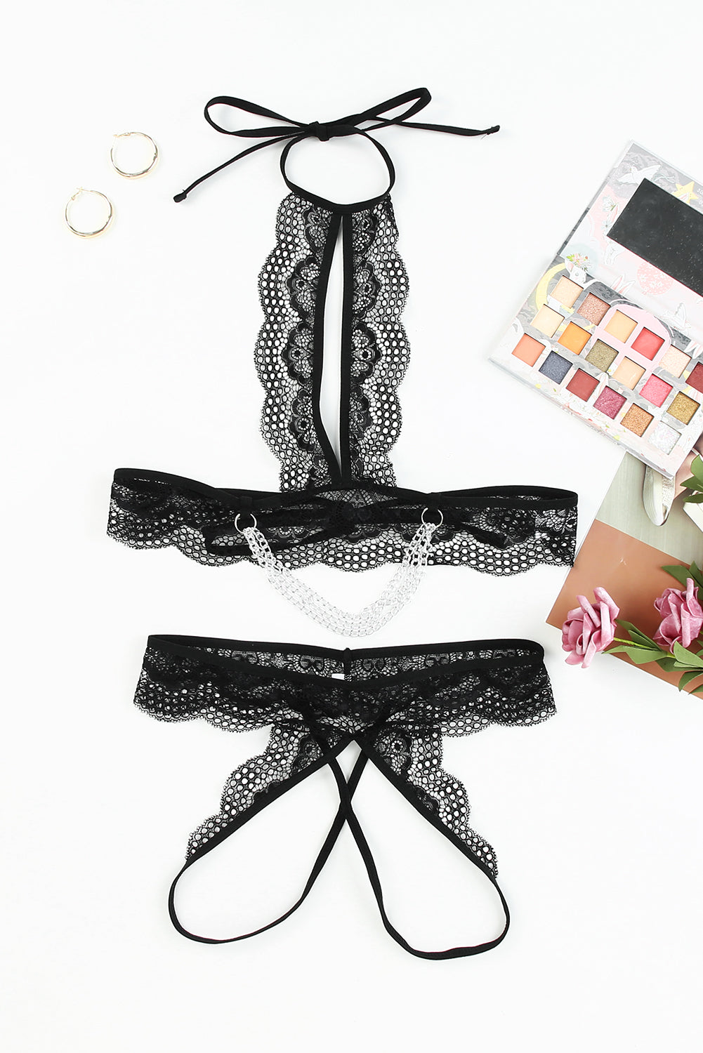 Black 2pcs Lace Open Cut Chain Decor Lingerie Set - LA Grand