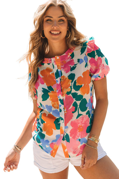 Multicolor Floral Print Ruffle Trim Puff Sleeve Shirt - LA Grand