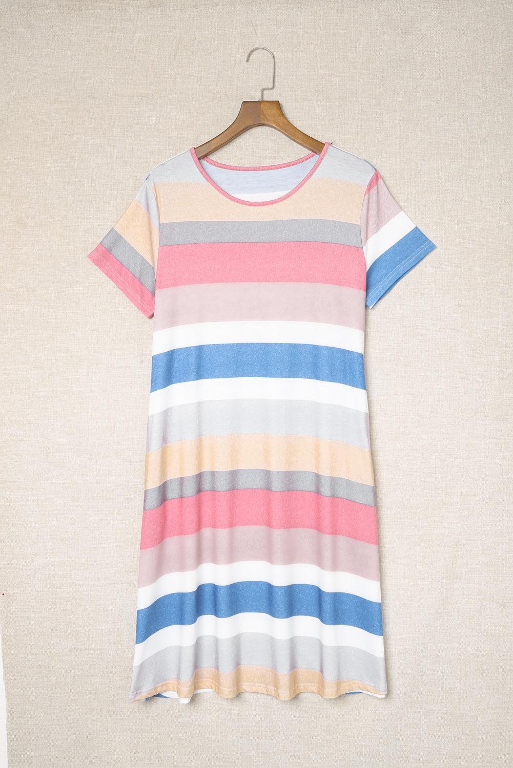 Multicolor Striped Pocket T Shirt Dress - LA Grand