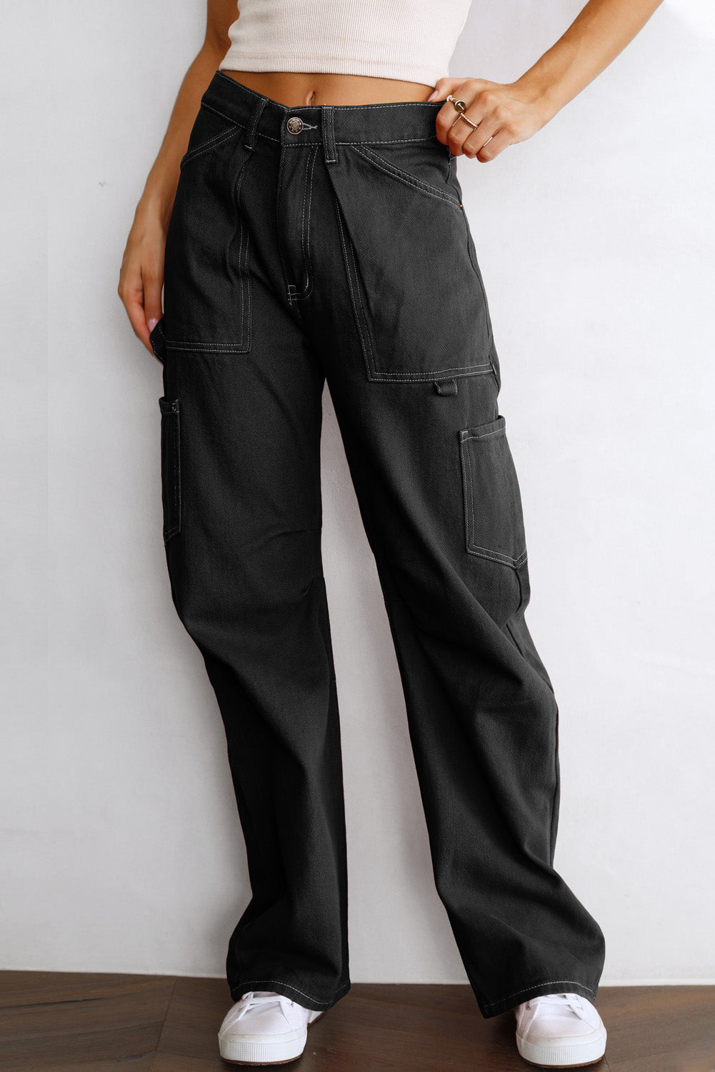 Black High Waist Straight Leg Cargo Pants with Pockets - LA Grand