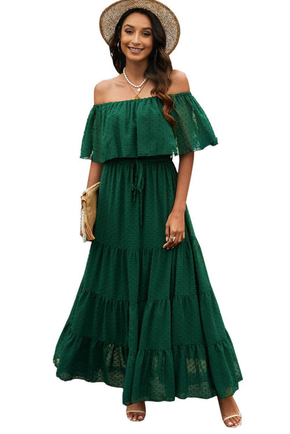 Verde Sunshine Off-Shoulder Swiss Dot Maxi Dress - LA Grand