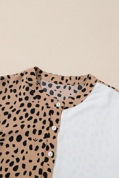 Khaki Leopard Contrast Half Button Casual Blouse - LA Grand