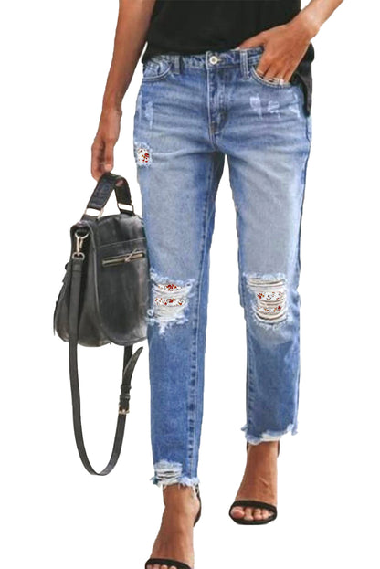 White Floral Patchwork Hollow Out Frayed Hem Ripped Jeans - LA Grand