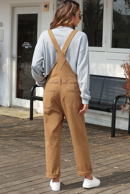 Khaki Vintage Multi Pockets Buckle Strap Cargo Denim Overalls - LA Grand