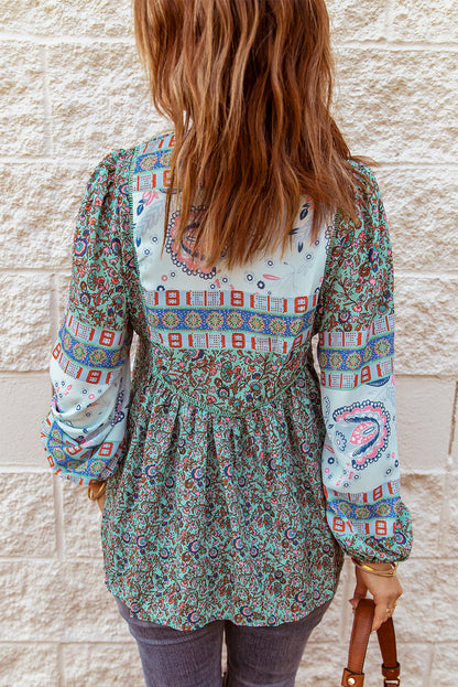 Fiery Red Split Neck Bubble Sleeve Floral Patchwork Blouse - LA Grand