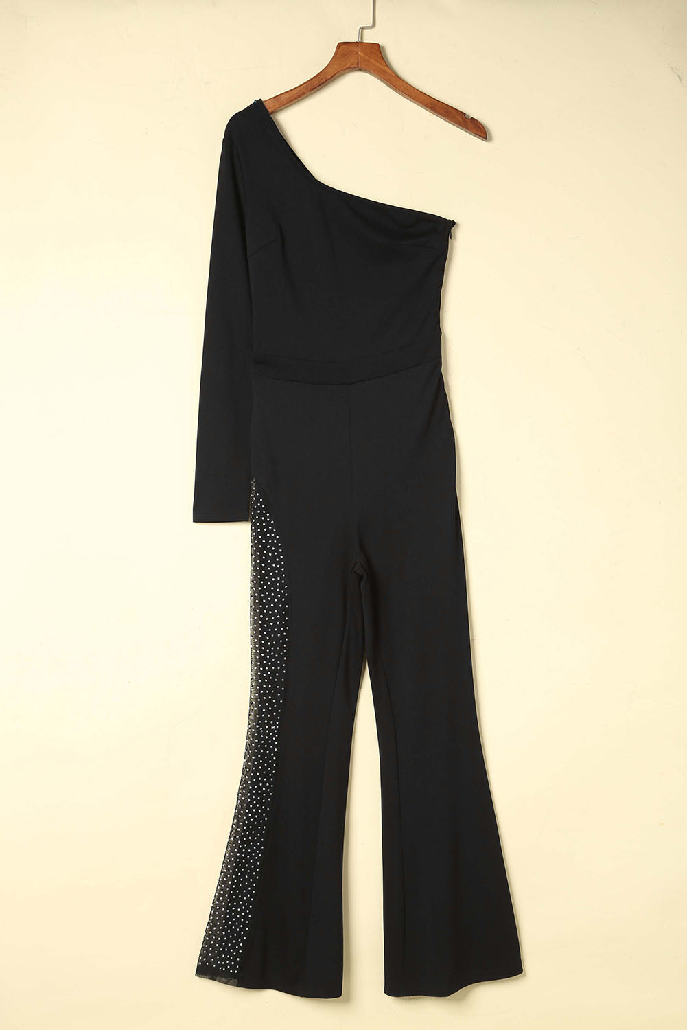 Black One-shoulder Gem Rhinestone Accent Flare Bottom Jumpsuit - LA Grand