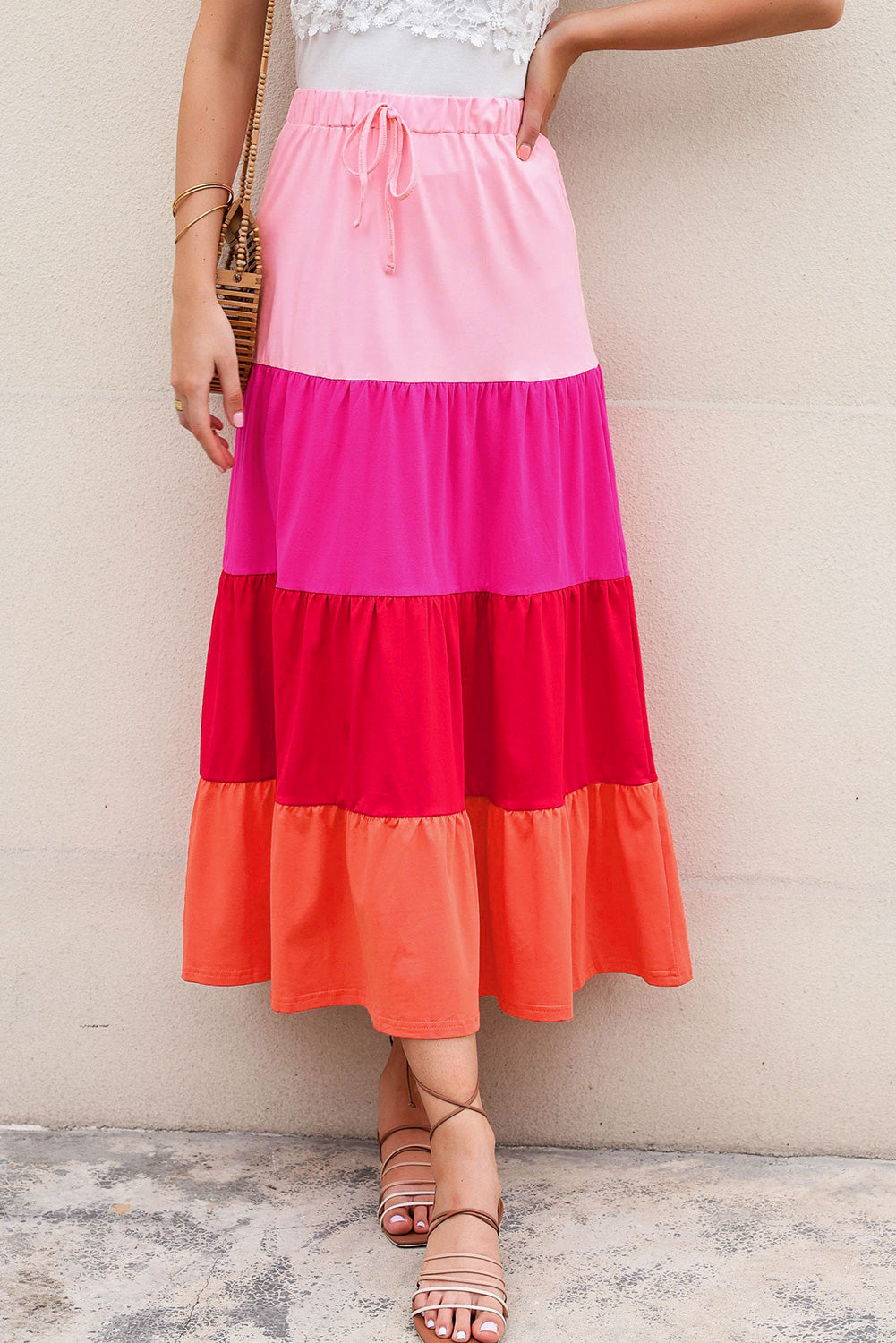 Pink Color Block Tiered Drawstring High Waist Maxi Skirt - LA Grand