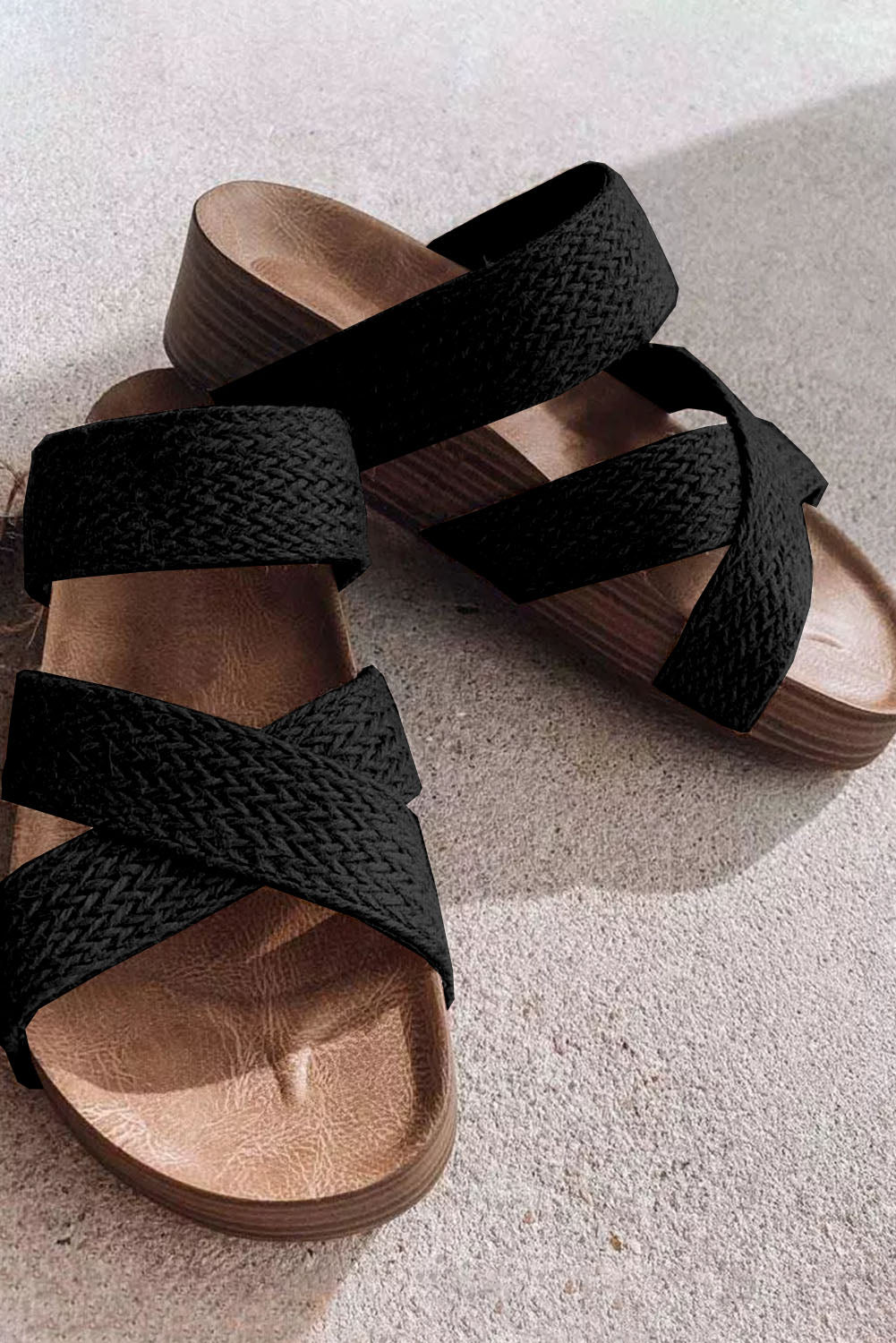 Black Woven Cross Criss Hollowed Slip-On Slippers - LA Grand