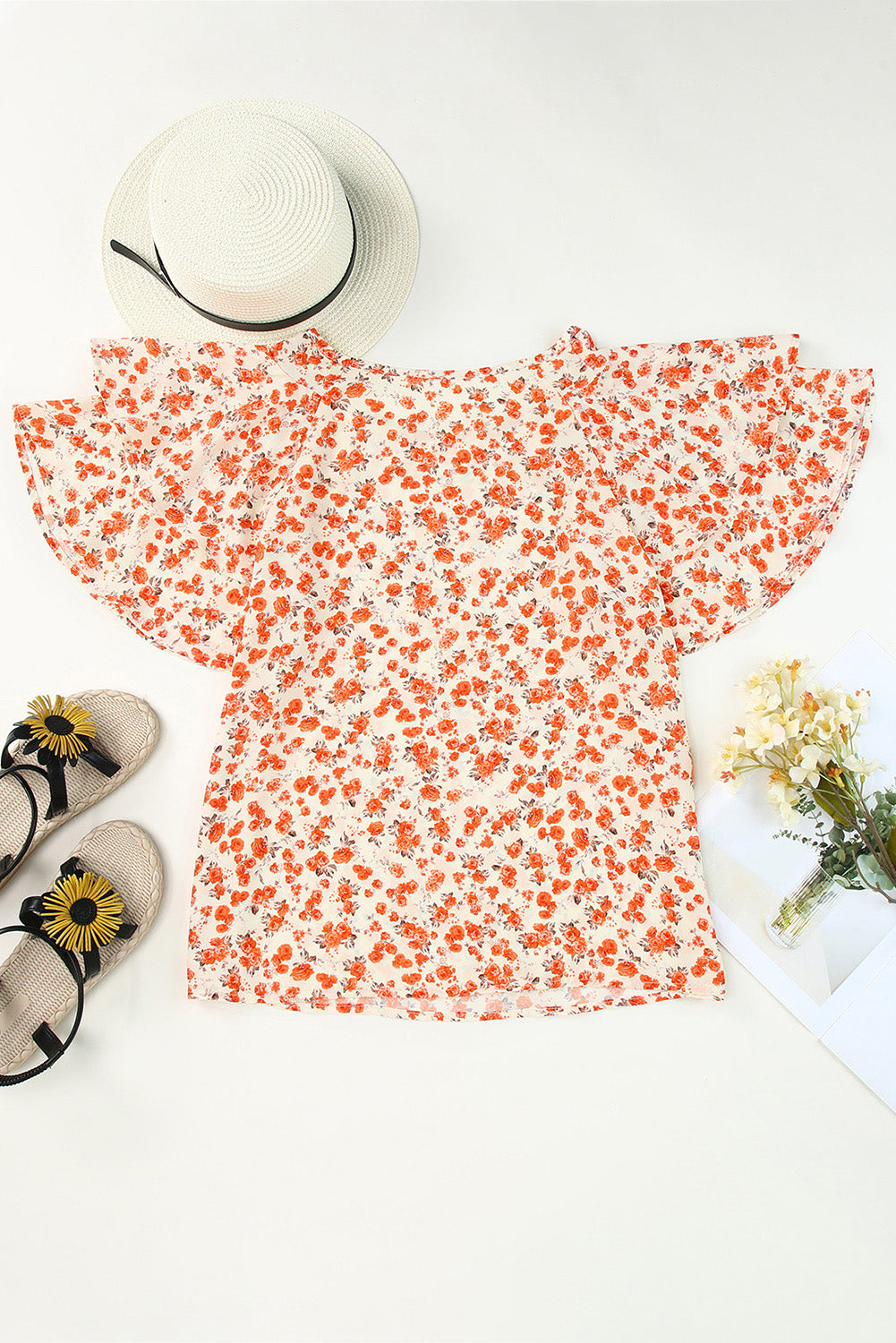 Orange Floral Tiered Flutter Sleeve Blouse - LA Grand